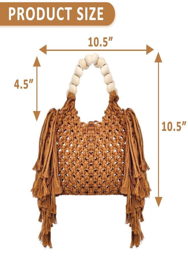 QTKJ Handbags for Women, Hand-woven Knitted Cotton Handbags, Tassel Woven Bag, Wooden Bead Handle, Shoulder Bag for Beach Vacation(Khaki) - Image 2