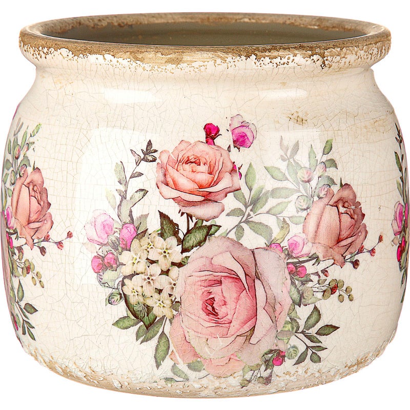Ninehaoou Vintage Planter Large Ceramic Plants Pot Beige Pink European Rose Ice Crack Cottage Scroll Vase Flower Vase Pot Indoor Plants Home Kitchen Decor Farmhouse Antique Decorative Gifts