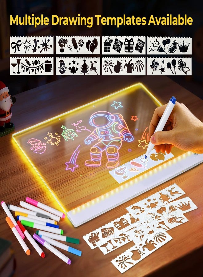 لوحة رسم LED قابلة لإعادة الشحن مع 12 قلمًا، لوحة ملاحظات LED سحرية كبيرة مقاس 19 بوصة مع 7 ألوان و4 أوضاع إضاءة - 8 قوالب رسم وحقيبة تخزين، لوحة رسائل مضيئة كهدية/للفصل الدراسي/للمكتب - Image 3