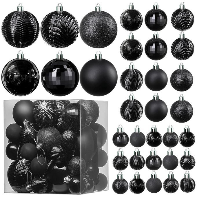 36PIECE BLACK CHRISTMAS ORNAMENTS SHATTERPROOF TREE BALLS IN 6 STYLES AND 3 SIZES WITH HANGING LOOPS TO DECORATE BLACK CHRISTMAS TREE IDEAL FOR INDOOR AND OUTDOOR HOLIDAY DECOR