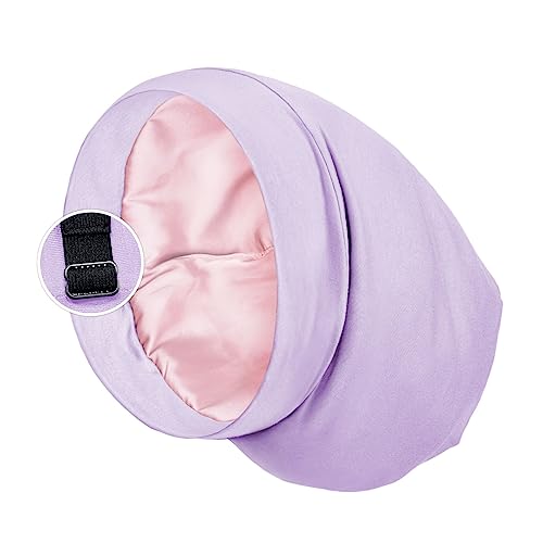 PARISBELLA Satin Lined Sleep Cap Bonnet for Curly Hair and Braids, Stay On All Night Hair Wrap with Adjustable Strap for Women and Men, Lavender, Pack of 1 - Image 1