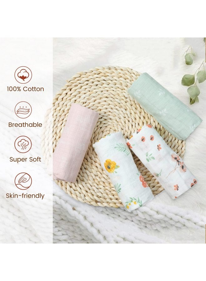 Viviland Baby Muslin Burp Cloths, 100% Cotton Super Absorbent Washcloths for Baby Girl and Boy, 10 x 20 inches 6-Layer Baby Bath Towels, Floral Pattern 4 Pack - Image 2