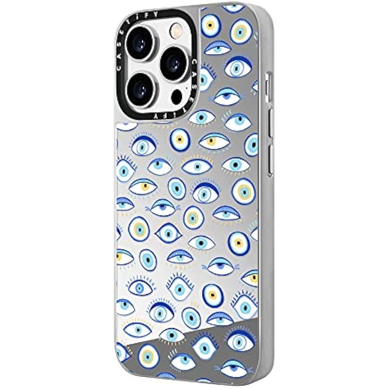 Casetify Mirror Case for iPhone 14 Pro Compatible with Magsafe - Blue All Seeing Eye Summer Holiday Pattern on Clear - Silver on Silver - Image 5