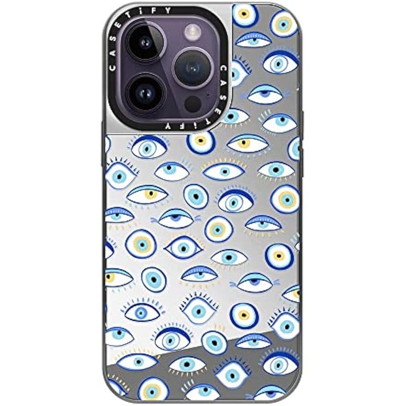 Casetify Mirror Case for iPhone 14 Pro Compatible with Magsafe - Blue All Seeing Eye Summer Holiday Pattern on Clear - Silver on Silver - Image 1