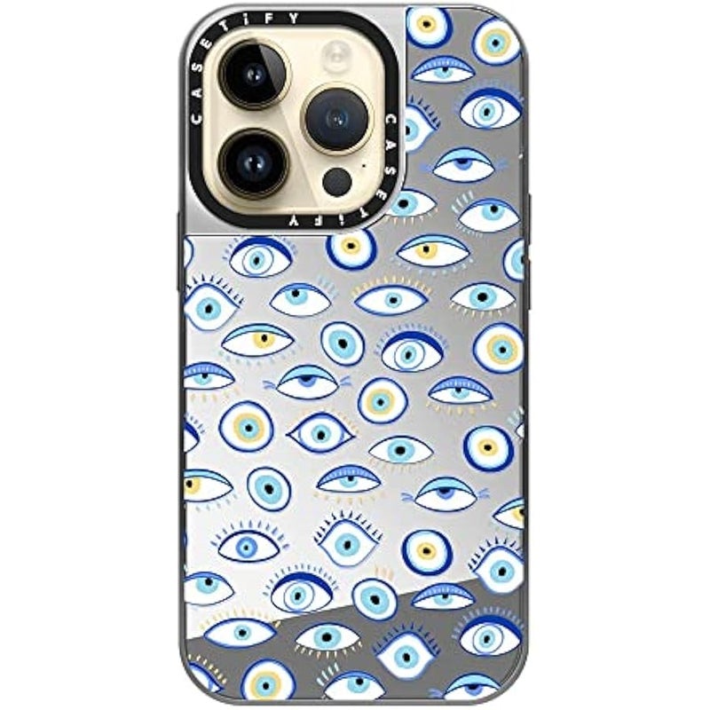 Casetify Mirror Case for iPhone 14 Pro Compatible with Magsafe - Blue All Seeing Eye Summer Holiday Pattern on Clear - Silver on Silver - Image 4