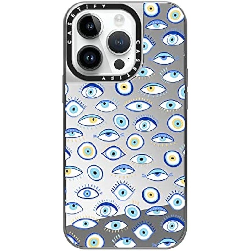 Casetify Mirror Case for iPhone 14 Pro Compatible with Magsafe - Blue All Seeing Eye Summer Holiday Pattern on Clear - Silver on Silver - Image 2