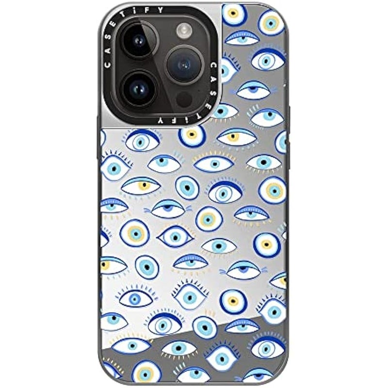 Casetify Mirror Case for iPhone 14 Pro Compatible with Magsafe - Blue All Seeing Eye Summer Holiday Pattern on Clear - Silver on Silver - Image 3