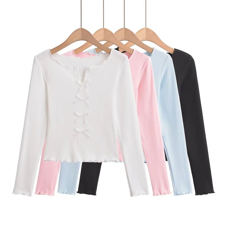 Sweet Small Fresh Age-Reducing Bow Long-Sleeved T-Shirt Autumn New Design Sense Slim-Fit Slimming Short Top Ins - Image 2