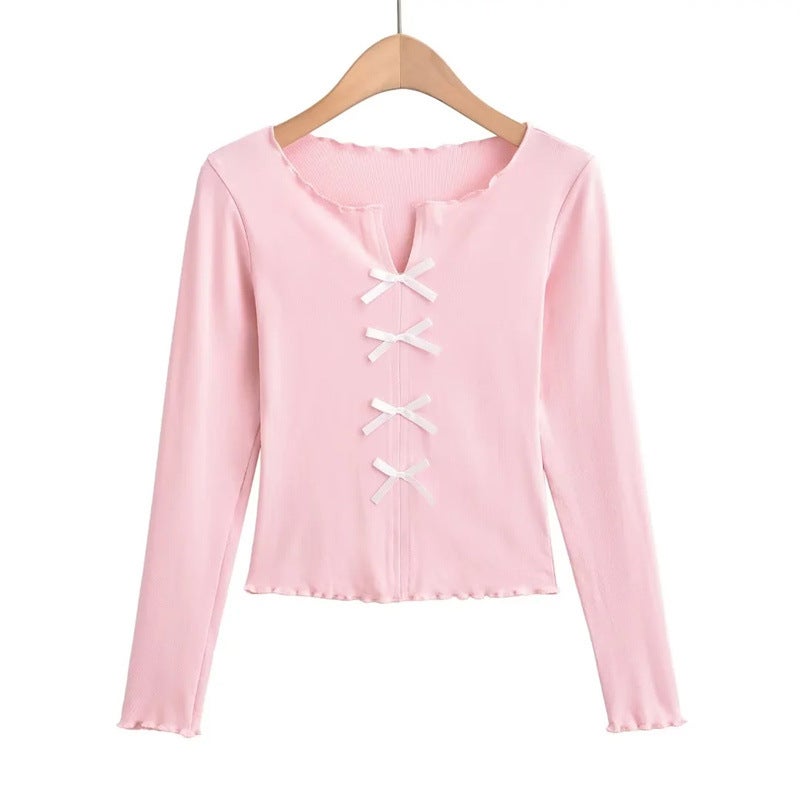 Sweet Small Fresh Age-Reducing Bow Long-Sleeved T-Shirt Autumn New Design Sense Slim-Fit Slimming Short Top Ins - Image 3