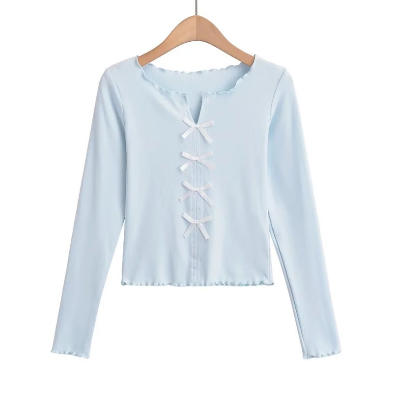 Sweet Small Fresh Age-Reducing Bow Long-Sleeved T-Shirt Autumn New Design Sense Slim-Fit Slimming Short Top Ins - Image 4