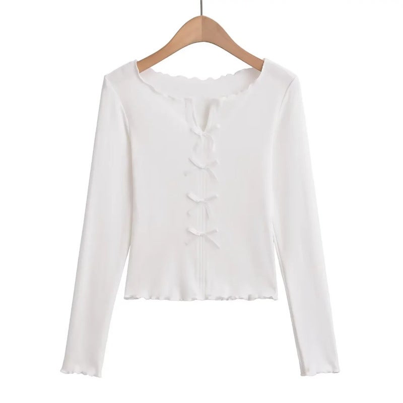 Sweet Small Fresh Age-Reducing Bow Long-Sleeved T-Shirt Autumn New Design Sense Slim-Fit Slimming Short Top Ins - Image 5