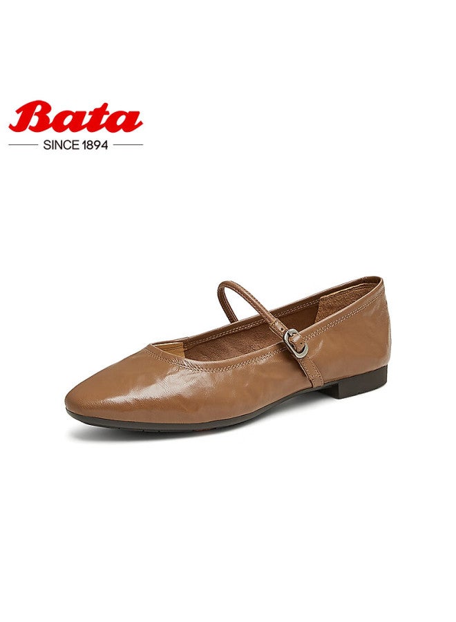 Bata Leather Mary Jane Flats For Women, Spring Season Department Store Style, Soft Sole Shallow Mouth Shoes Afy34aq5, Brown, Size 40 - Image 1