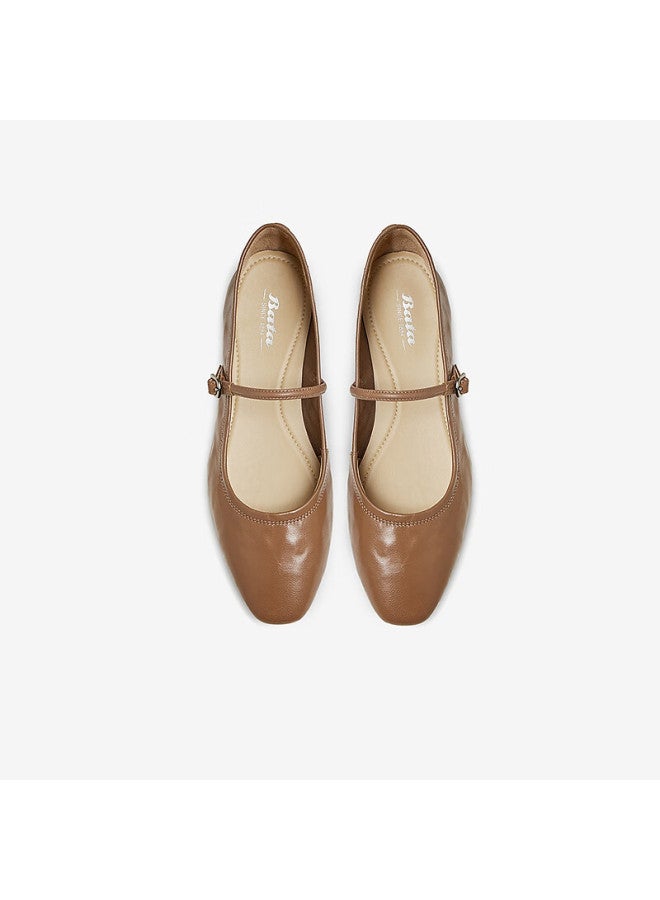 Bata Leather Mary Jane Flats For Women, Spring Season Department Store Style, Soft Sole Shallow Mouth Shoes Afy34aq5, Brown, Size 40 - Image 2