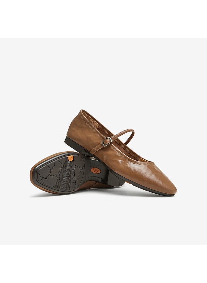 Bata Leather Mary Jane Flats For Women, Spring Season Department Store Style, Soft Sole Shallow Mouth Shoes Afy34aq5, Brown, Size 40 - Image 3