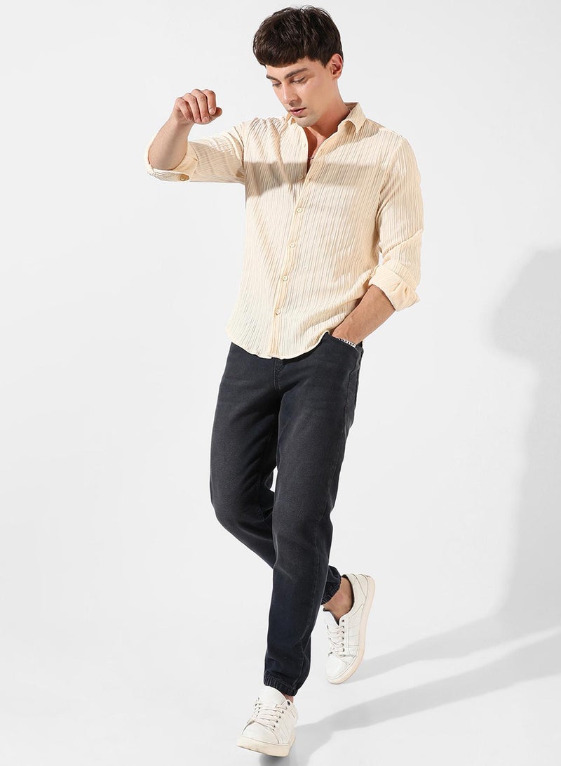 Campus Sutra Men's Pale Yellow Self-Design Striped Shirt - Image 5
