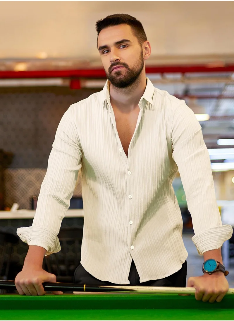 Campus Sutra Men's Pale Yellow Self-Design Striped Shirt