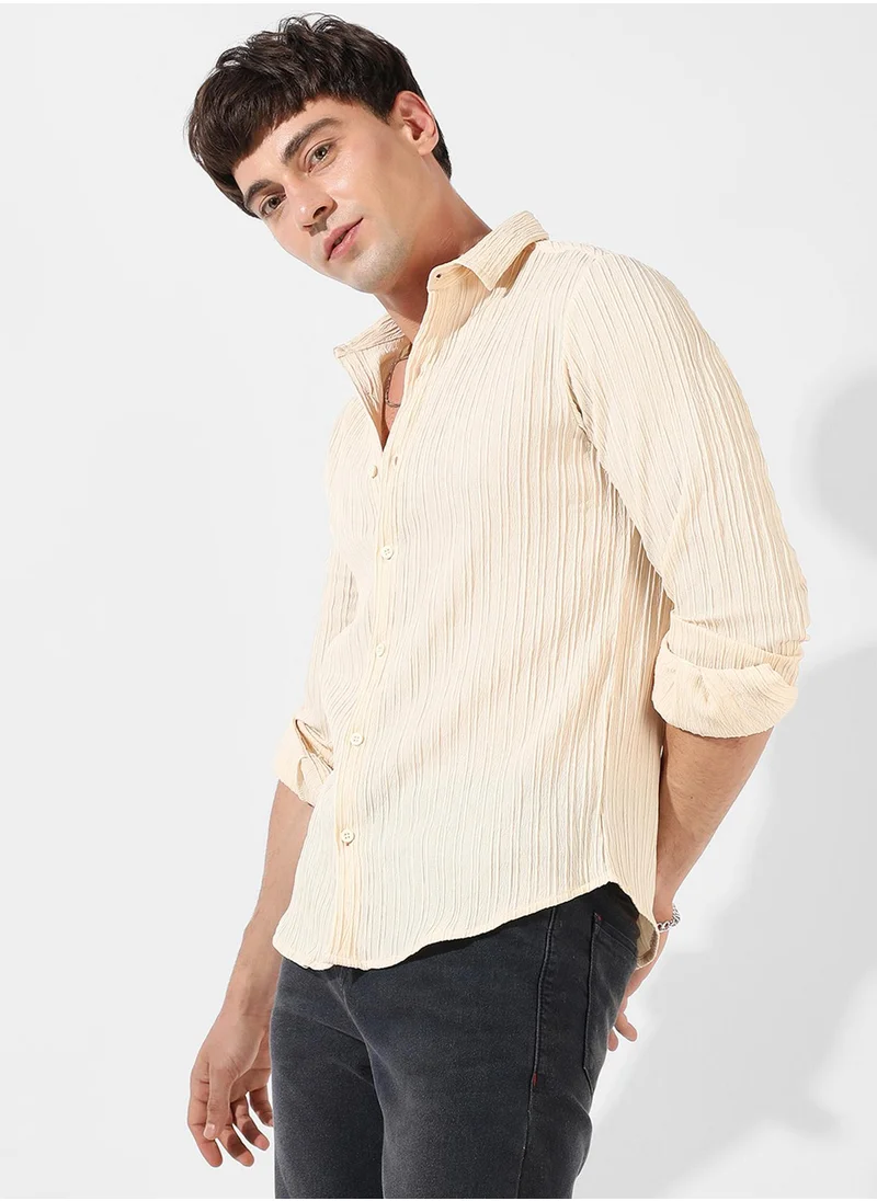 Campus Sutra Men's Pale Yellow Self-Design Striped Shirt