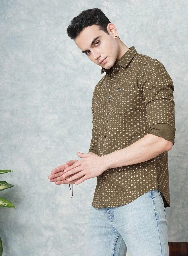 شركة المرآب الهندية Men Slim Fit Abstract Printed Full Sleeves Spread Collar Casual Shirt