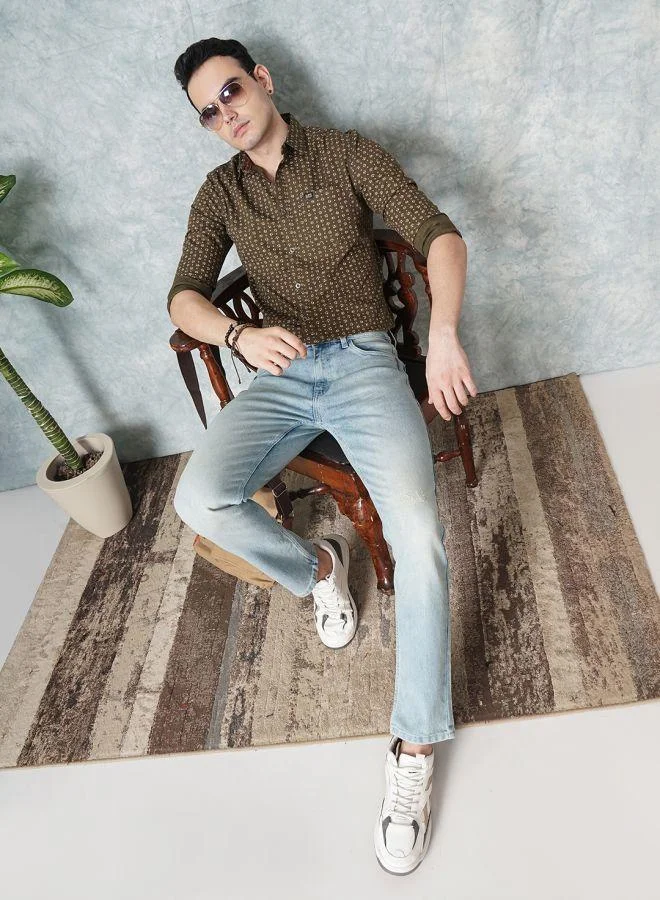شركة المرآب الهندية Men Slim Fit Abstract Printed Full Sleeves Spread Collar Casual Shirt