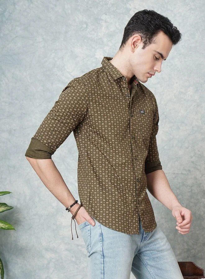 شركة المرآب الهندية Men Slim Fit Abstract Printed Full Sleeves Spread Collar Casual Shirt
