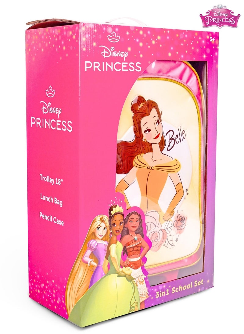 Disney - Princess  18 Inch Kids 3-in-1 Trolley School Bag Set - Ergonomic Backpack, Insulated Lunch Bag & Pencil Case,Lightweight, Durable, Students 6+ - Perfect for Travel & School,For Girls - Image 1