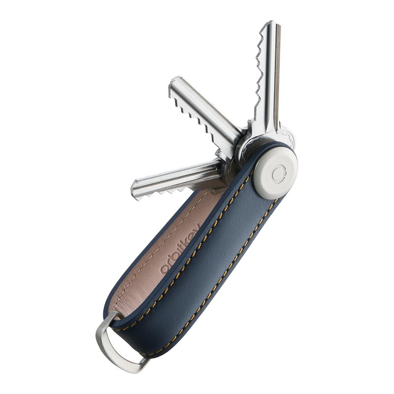 Orbitkey Leather Key Organizer | Durable, Stainless Steel Locking Mechanism, Slim & Quiet Profile | Holds up to 7 Keys, Navy with Tan Stitching - Image 1