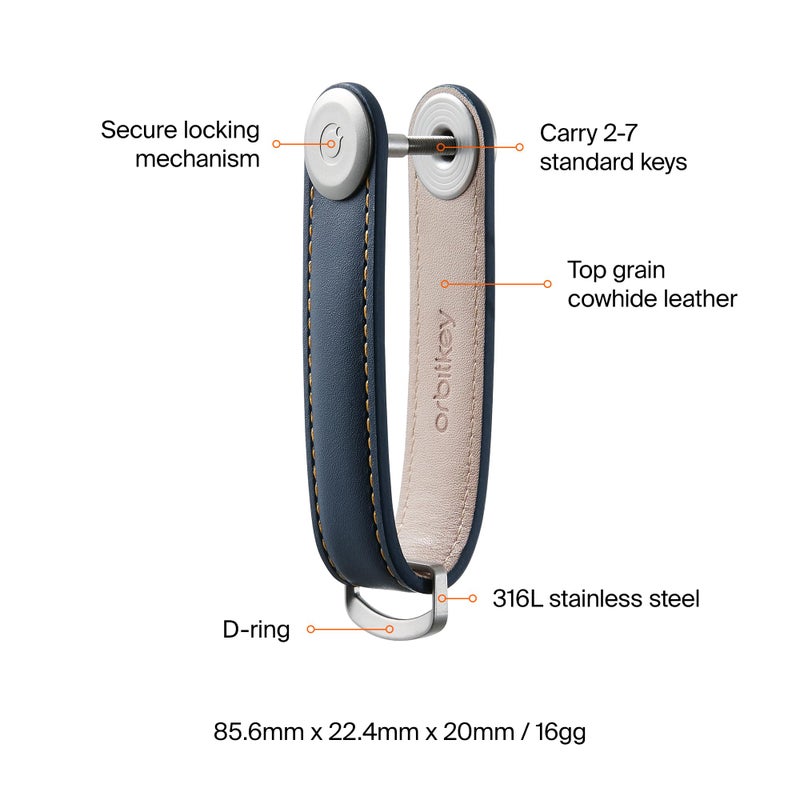 Orbitkey Leather Key Organizer | Durable, Stainless Steel Locking Mechanism, Slim & Quiet Profile | Holds up to 7 Keys, Navy with Tan Stitching - Image 5
