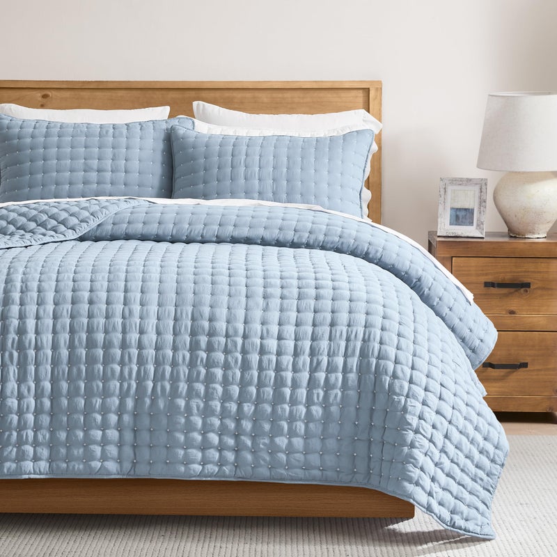 WDCOZY Queen Size Quilts Bedding Sets with 2 Pillow Shams Lightweight Soft Bedspread Coverlet Quilted Blanket Thin Comforter Bed Cover for All Season 3 Pieces 90x90 inches Blue