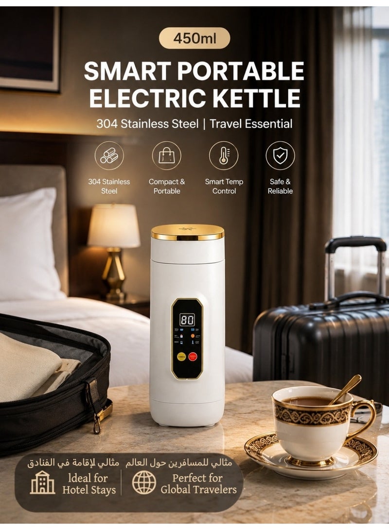 Portable Electric Kettle for Hotel & Travel | 450ml 304 Stainless Steel Mini Water Boiler | Leak-Proof Hot Water Cup for Car, Camping & Office | 6-Temp Control for Arabic Tea, Coffee & Baby Milk - Image 1