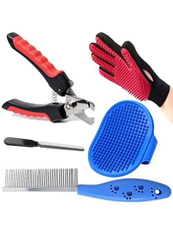 مجموعة العناية بالكلاب - مقص أظافر الكلاب 5 في 1 + مبرد أظافر + فرشاة استحمام للحيوانات الأليفة ومشط العناية بحلقة قابلة للتعديل + مشط فولاذي فردي للحيوانات الأليفة + قفاز العناية بالحيوانات الأليفة للكلاب والجرو والقطط والقطط الصغيرة - Image 1