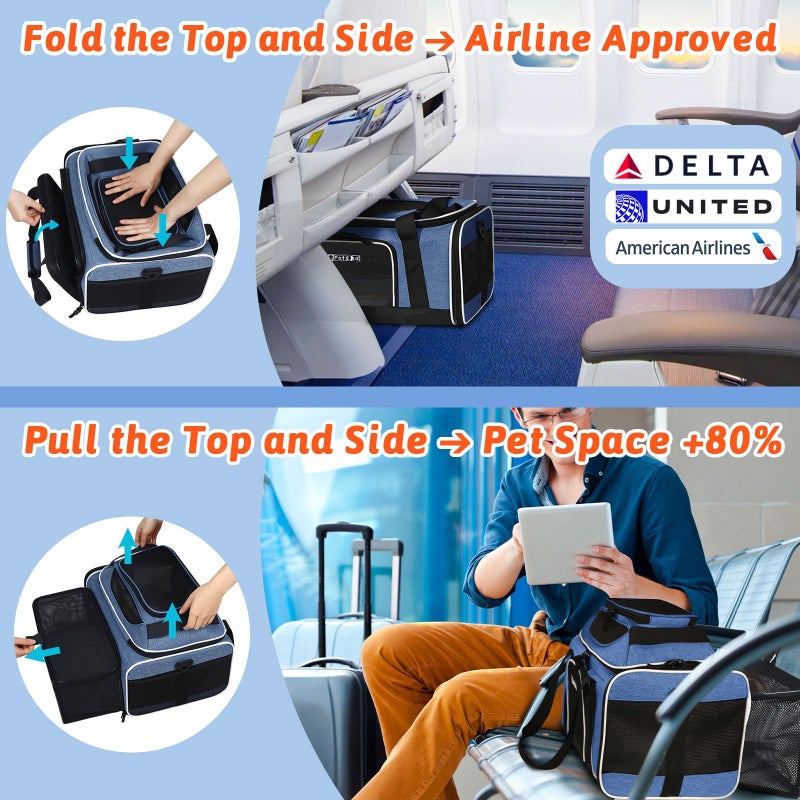 Petskd Top and Side Expandable Pet Carrier 18x11x11 Inches Delta United Airline Approved, Soft-Sided Carrier for Small Cats and Dogs with Locking Safety Zippers and Anti-Scratch Mesh(Blue) - Image 2