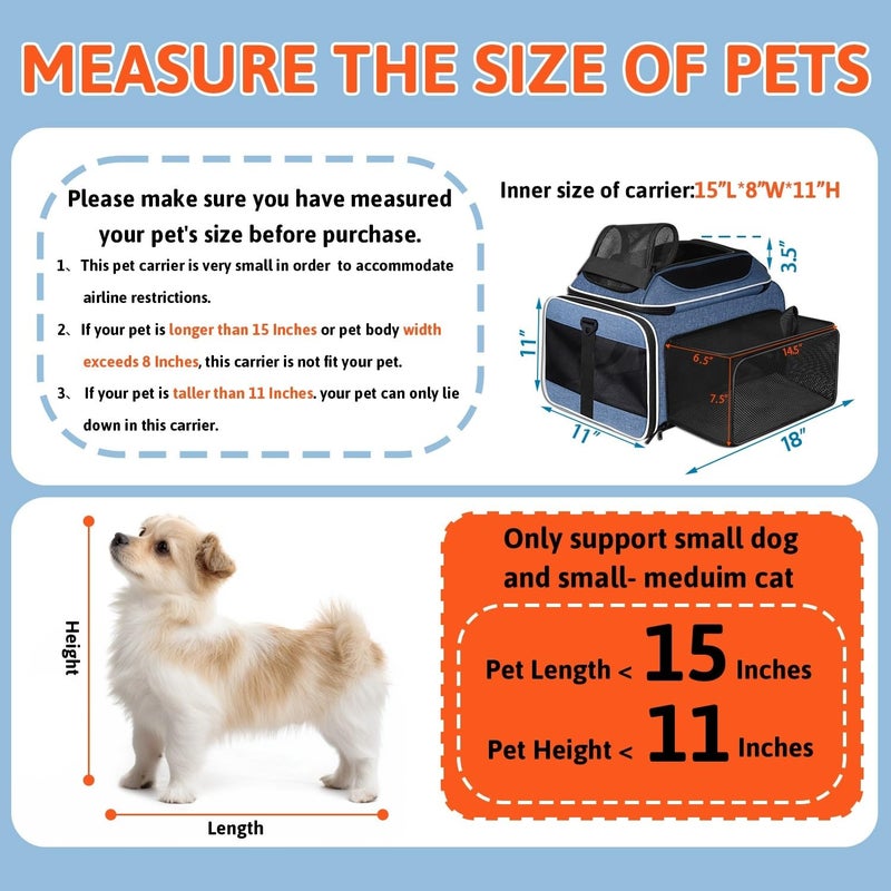 Petskd Top and Side Expandable Pet Carrier 18x11x11 Inches Delta United Airline Approved, Soft-Sided Carrier for Small Cats and Dogs with Locking Safety Zippers and Anti-Scratch Mesh(Blue) - Image 3