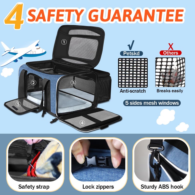 Petskd Top and Side Expandable Pet Carrier 18x11x11 Inches Delta United Airline Approved, Soft-Sided Carrier for Small Cats and Dogs with Locking Safety Zippers and Anti-Scratch Mesh(Blue) - Image 5