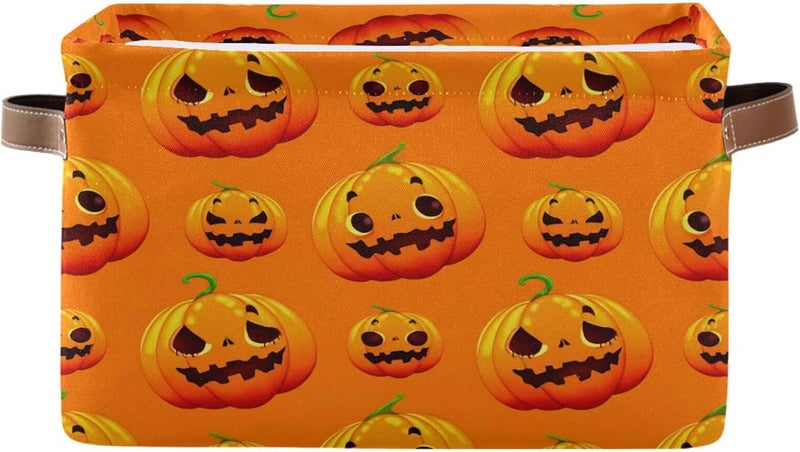 Halloween Jack Faces Canvas Storage Basket, Foldable Storage Bins with Handles Versatile Organizer for Toys, Nursery, Shelves, Closet, Bathroom, Living Room, 1Pack - Image 1