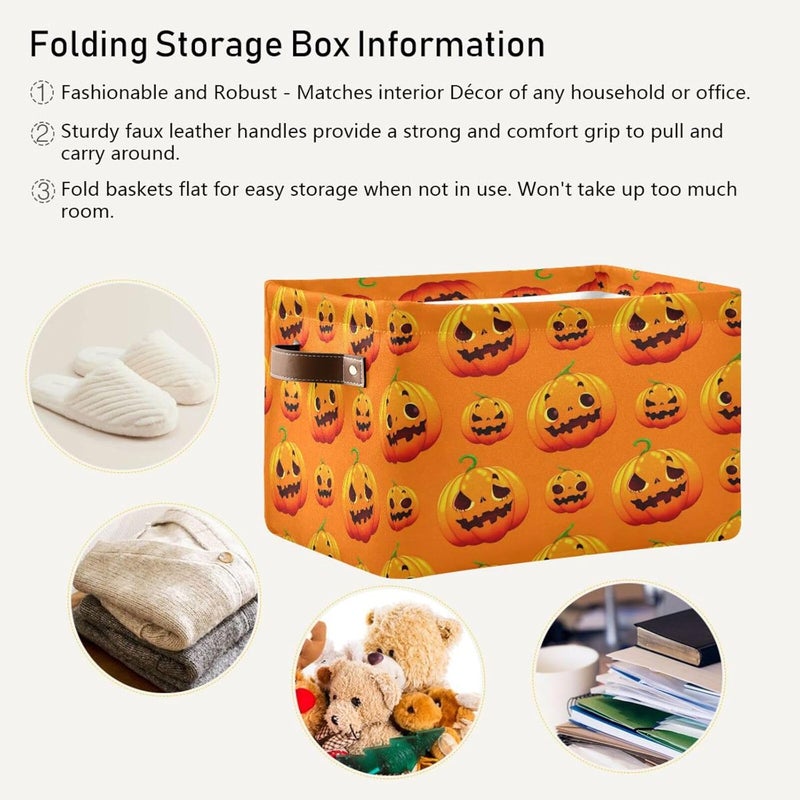 Halloween Jack Faces Canvas Storage Basket, Foldable Storage Bins with Handles Versatile Organizer for Toys, Nursery, Shelves, Closet, Bathroom, Living Room, 1Pack - Image 5