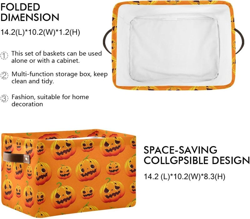 Halloween Jack Faces Canvas Storage Basket, Foldable Storage Bins with Handles Versatile Organizer for Toys, Nursery, Shelves, Closet, Bathroom, Living Room, 1Pack - Image 2
