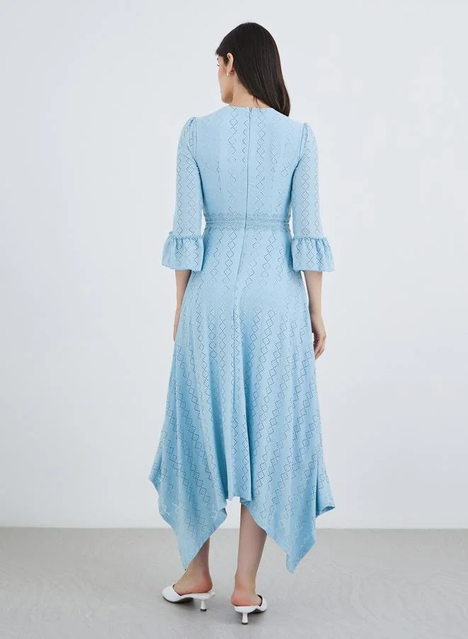 Styli Styli Self Design Asymmetric Hem 3/4th Sleeves A-Line Maxi Dress