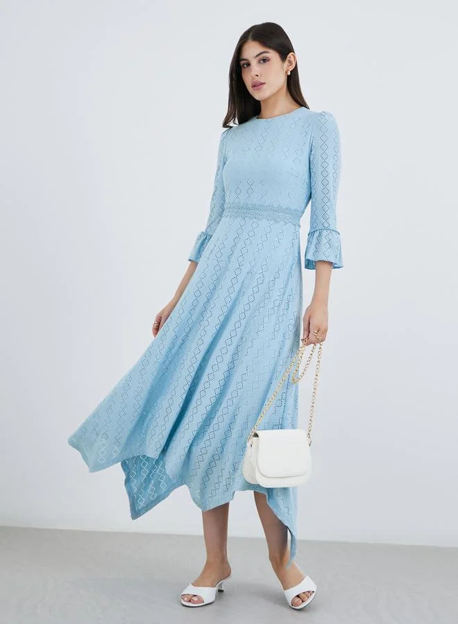 Styli Styli Self Design Asymmetric Hem 3/4th Sleeves A-Line Maxi Dress