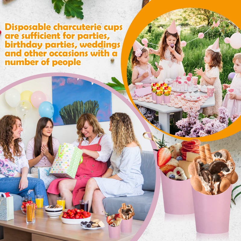 Sabary 50 Pcs Christmas Charcuterie Cups, 12 Oz Paper Snack Appetizer Cups, French Fry Holder Brown Kraft, Disposable Popcorn Boxes Cones for Christmas Baby Shower Birthday Waffle Food Takeout(Pink) - Image 4