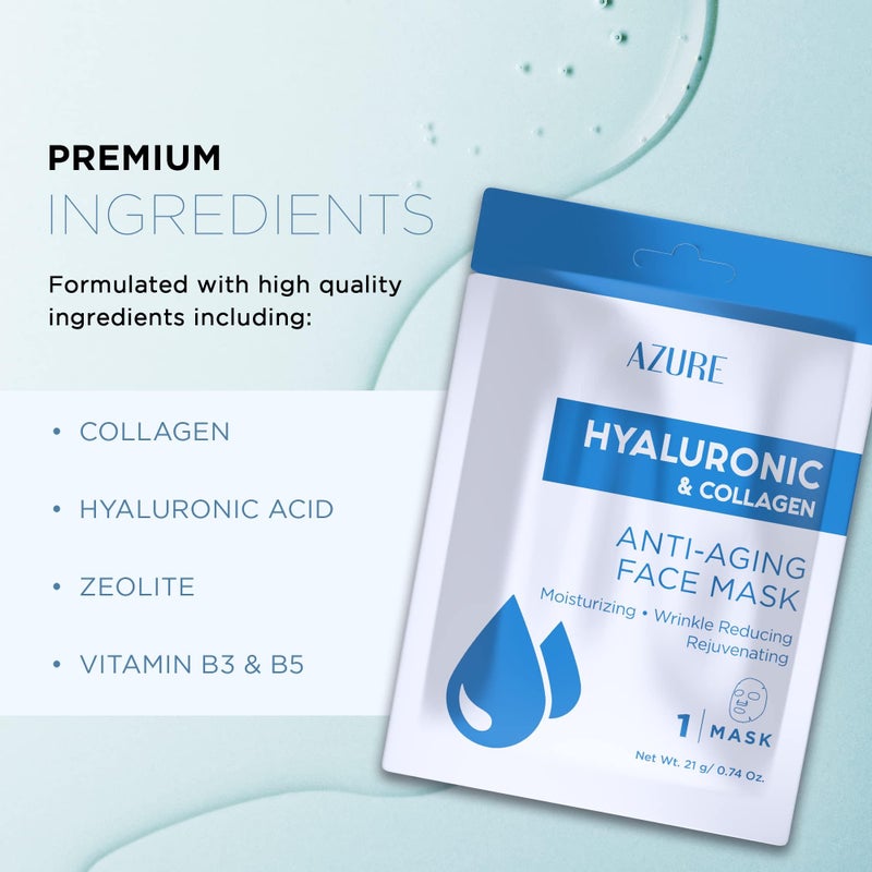 Azure Cosmetics Hyaluronic Acid & Collagen Anti Aging Sheet Facial Mask - Rejuvenating & Moisturizing Face - Helps Reduce Fine Lines & Wrinkles, Tightens & Smooths - Made in Korea - Pack of 5 - Image 2