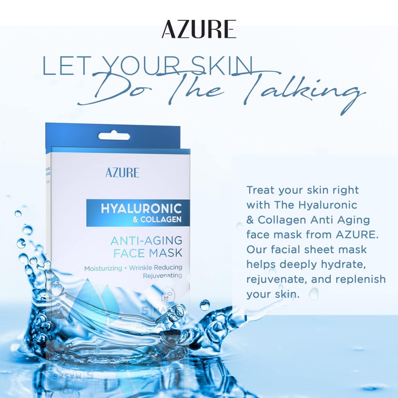 Azure Cosmetics Hyaluronic Acid & Collagen Anti Aging Sheet Facial Mask - Rejuvenating & Moisturizing Face - Helps Reduce Fine Lines & Wrinkles, Tightens & Smooths - Made in Korea - Pack of 5 - Image 3