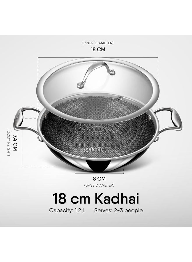 Stahl مقلاة ستال أرتيزان هايبرد ثلاثية الطبقات غير لاصقة مع غطاء، مقلاة من الفولاذ المقاوم للصدأ للطهي، صديقة لملعقة معدنية، متوافقة مع موقد الغاز والحراري، 1.2 لتر، 18 سم - Image 2