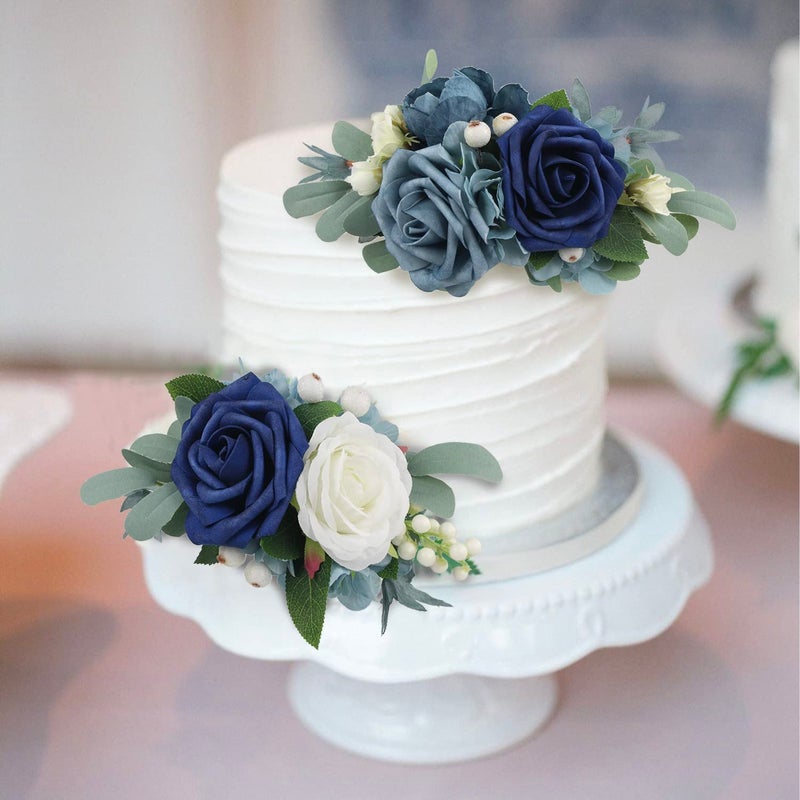 Rinlong 3Pcs Pre-made Cake Toppers Navy Blue Flowers Cake Decorations Wedding Cake Decorating Flowers Decor Birthday Baptism Party Cake Toppers - Image 4