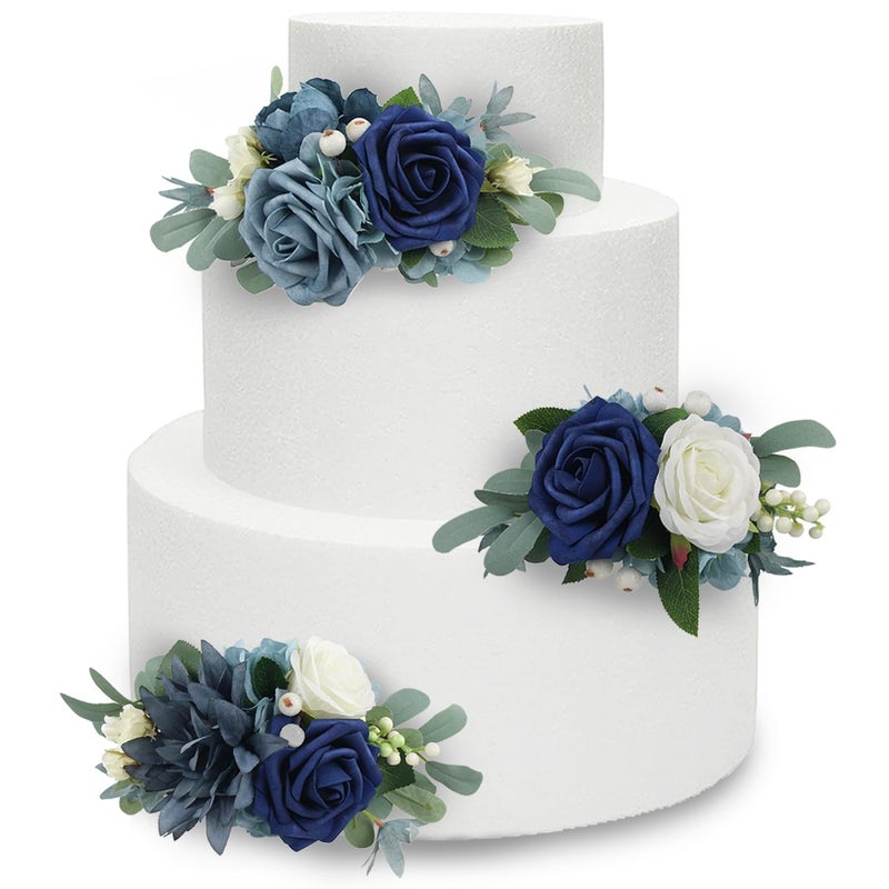 Rinlong 3Pcs Pre-made Cake Toppers Navy Blue Flowers Cake Decorations Wedding Cake Decorating Flowers Decor Birthday Baptism Party Cake Toppers - Image 1