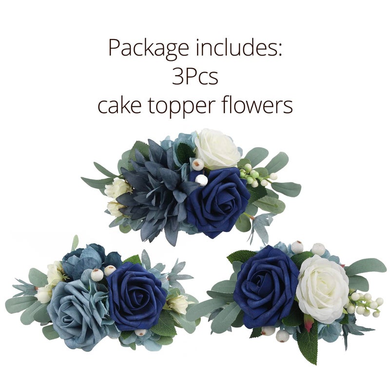Rinlong 3Pcs Pre-made Cake Toppers Navy Blue Flowers Cake Decorations Wedding Cake Decorating Flowers Decor Birthday Baptism Party Cake Toppers - Image 3
