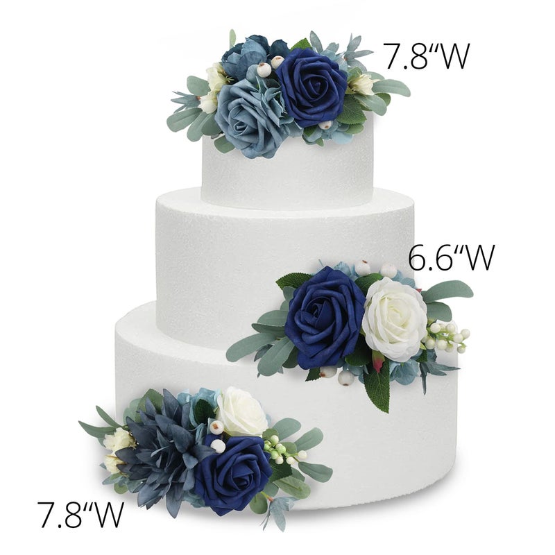 Rinlong 3Pcs Pre-made Cake Toppers Navy Blue Flowers Cake Decorations Wedding Cake Decorating Flowers Decor Birthday Baptism Party Cake Toppers - Image 2