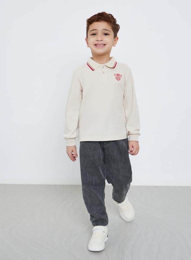 Styli Embroidered Detail Long Sleeve Tipped Polo T-Shirt - Image 2