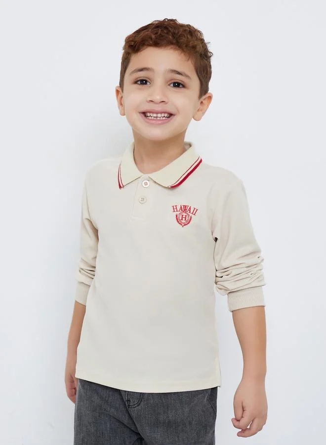Styli Embroidered Detail Long Sleeve Tipped Polo T-Shirt