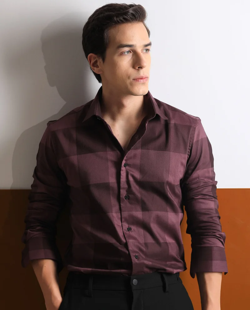 Rare Rabbit Rare Rabbit Men's Santhe Maroon Cotton Lycra Fabric Full Sleeves Regular Fit Tonal Checks Shirt