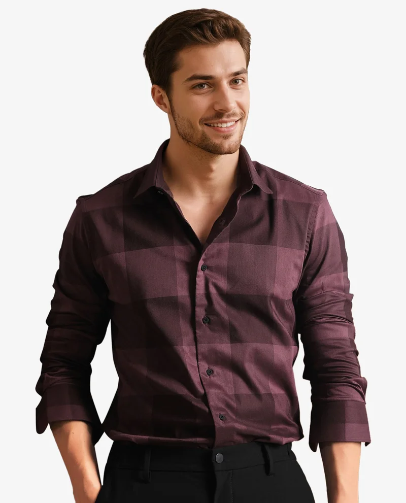 Rare Rabbit Rare Rabbit Men's Santhe Maroon Cotton Lycra Fabric Full Sleeves Regular Fit Tonal Checks Shirt